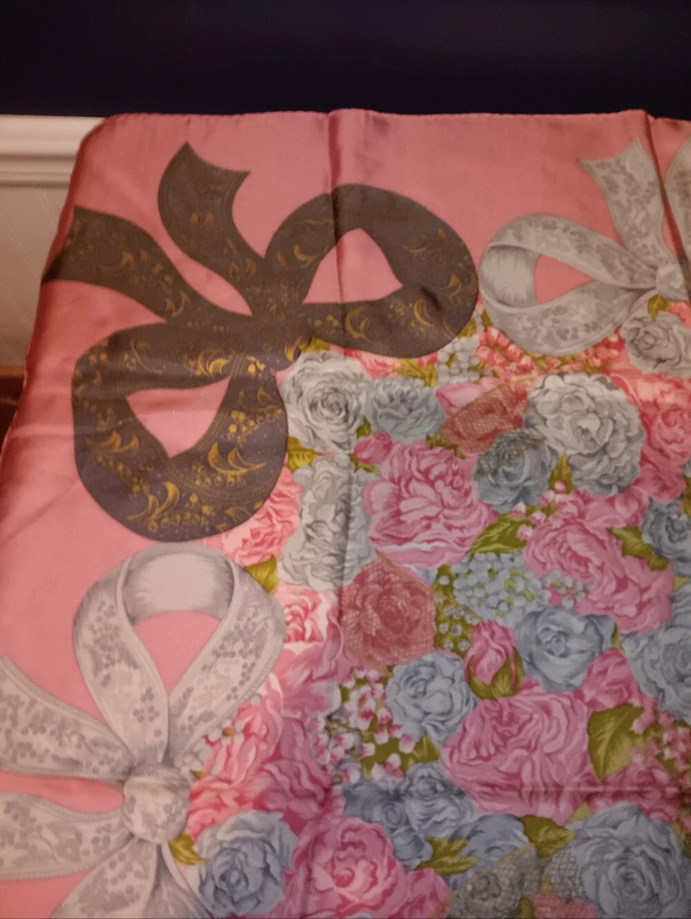 Christian Dior Vintage Flower Bow Pink Silk Scarf